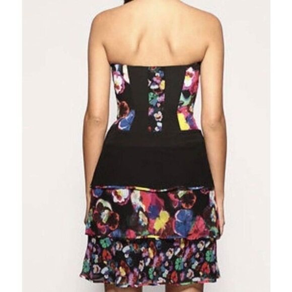 Karen Millen Black Floral Corset Tiered Mini Dress UK 12 US 8 Strapless Silk - Picture 2 of 9